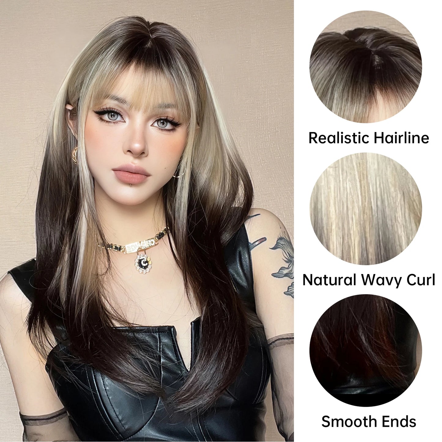 Long Brown Blonde Straight Synthetic Wig with Bangs Brown Ombre Cosplay Layered Wigs for Women Party Heat Resistant Natural Hair