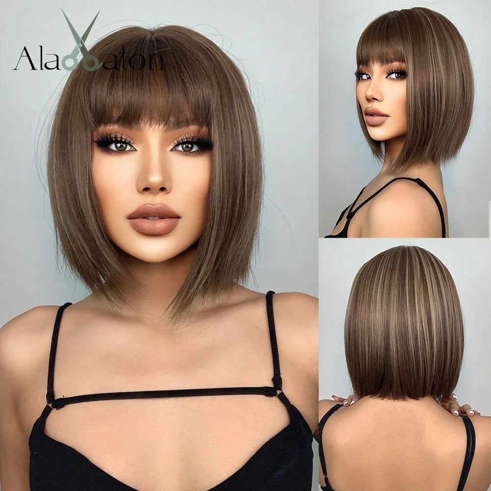 ALAN EATON Short Straight Ombre Brown Blonde Bob Wig With Bangs Synthetic Hair Wig for Women Cosplay Lolita Heat Resistant Fiber