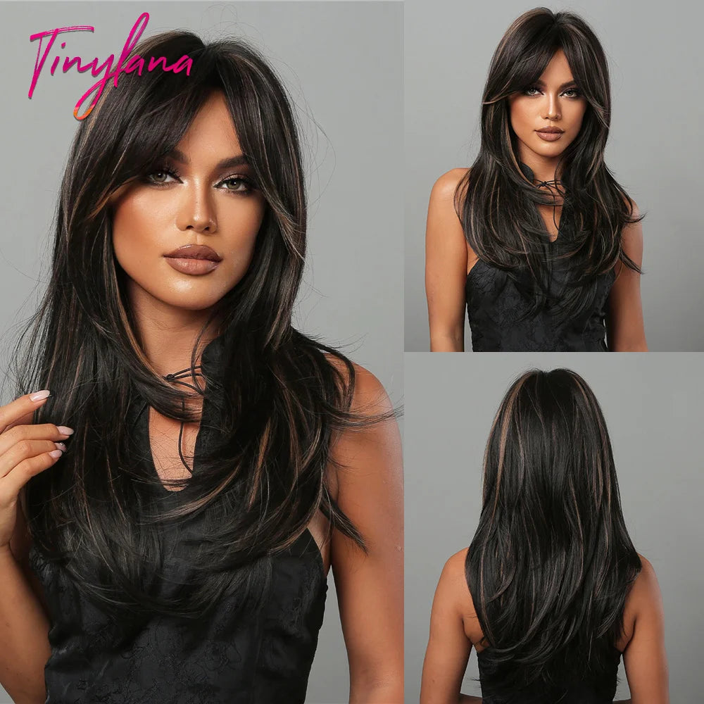 Long Straight Black Purple Synthetic Wig with Bangs Purple Ombre Cosplay Layered Wig for Women Party Heat Resistant Natural Hair