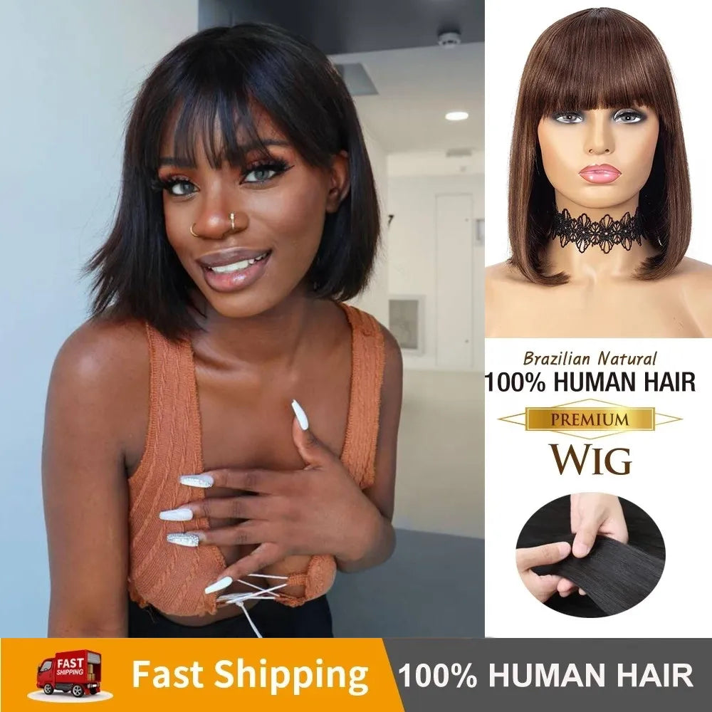 Straight Bob Human Hair Wigs With Bangs Short Brazilian Human Hair 150density For Woman No Lace Full Machine Made Human Hair Wig