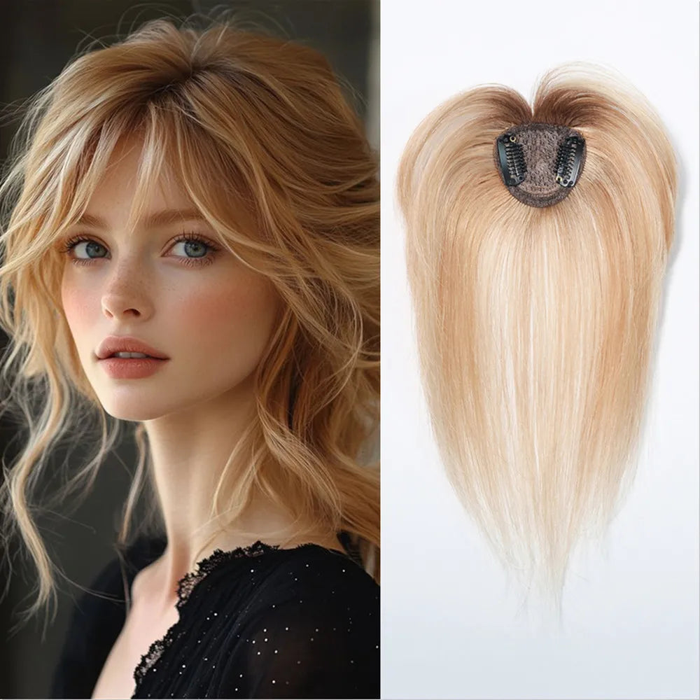 100% Remy Human Hair Toppers with Bangs Light Brown Hairpieces 3D Wispy Bangs for Women Thin Hair Real Human Hair Topper Clip In