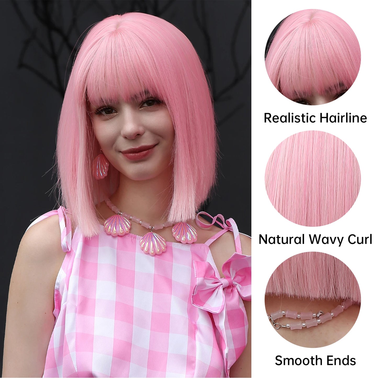LOUIS FERRE Short Light Pink Bob Wigs With Bangs Natural Synthetic Wigs for Women Daily Cosplay Hair Heat Resistant Fibre Wig