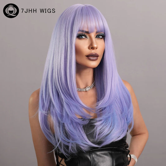 7JHH WIGS Long Wavy Purple Synthetic Wig for Women Daily Cosplay Party Natural Resistant Hair Wigs with Bangs Ombre Wigs
