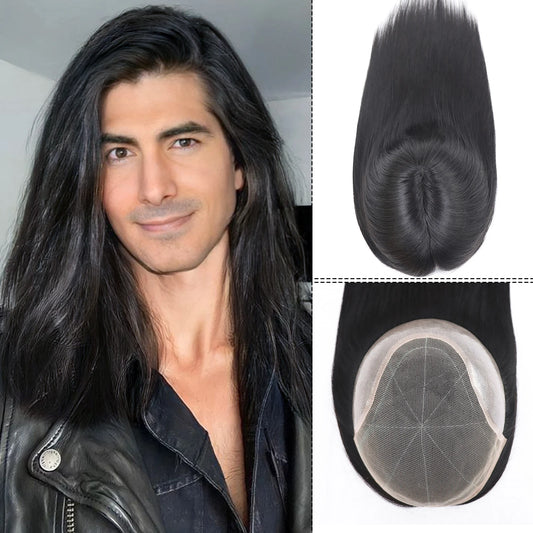 Black Human Hair Man Toupee Lace Pu Base Toupee For Men 16" Long Straight Human Hair Mens Wigs Replacement Systems Hair Piece