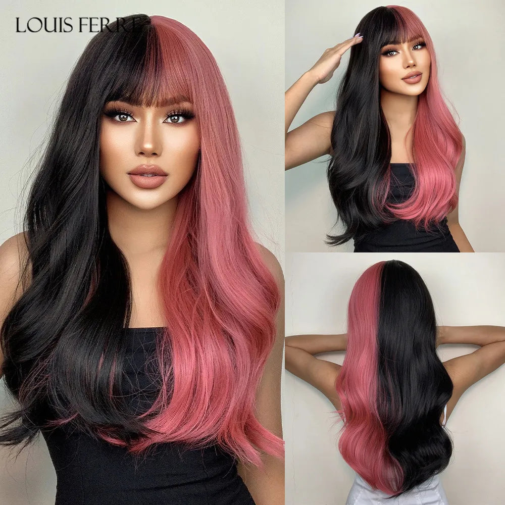 LOUIS FERRE Synthetic Black Green Ombre Long Wavy Curly Wig for Women Natural Hair With Bangs Cosplay Party Heat Resistant Wig