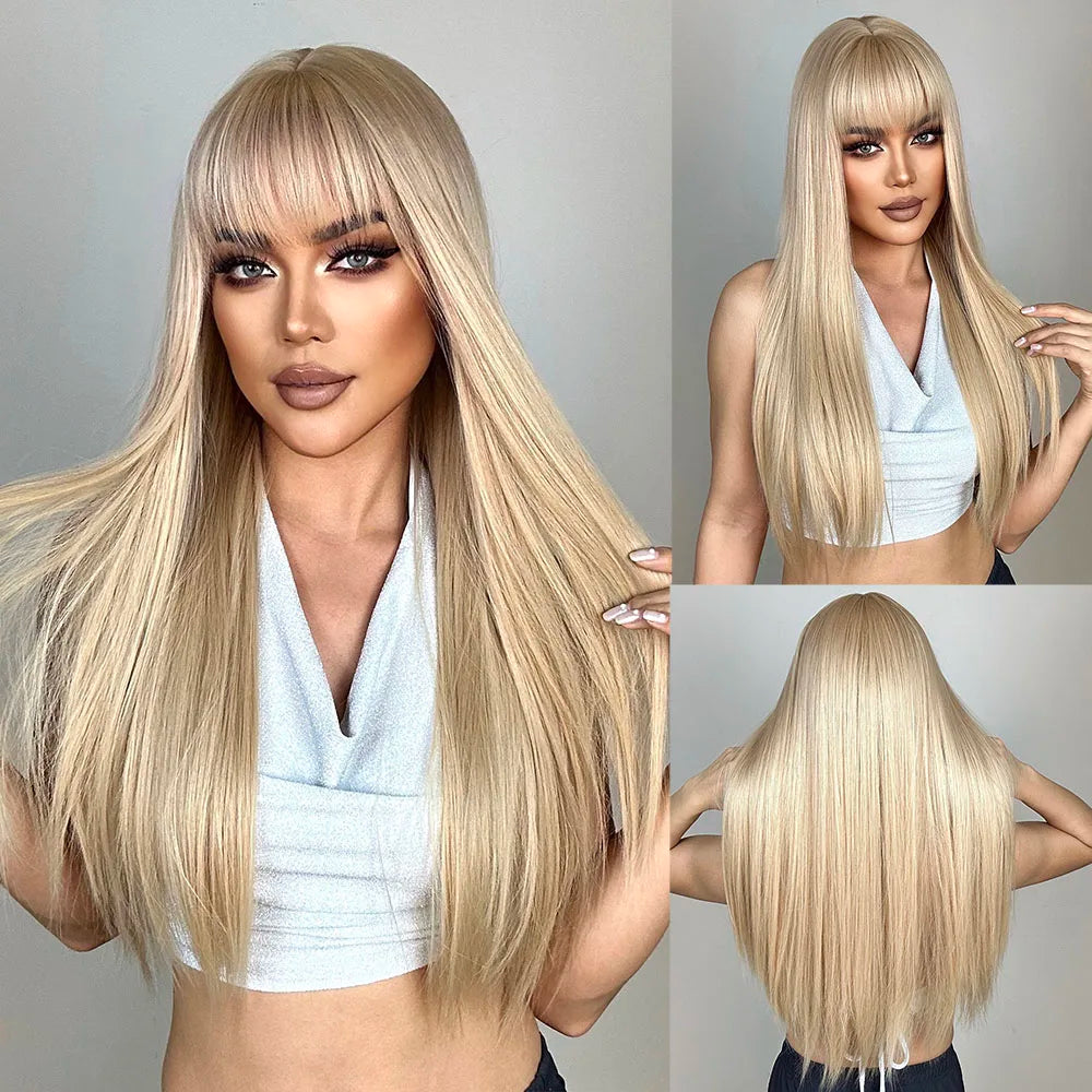 Long Straight Pink Mixed White Synthetic Wigs with Bangs Halloween Cosplay Colorful Wigs for Women Natural Hair Heat Resistant