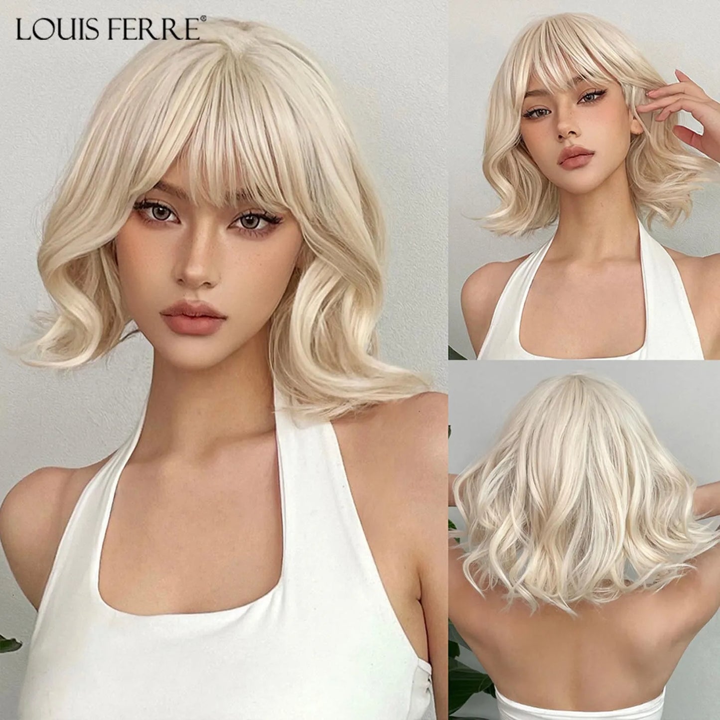 LOUIS FERRE Short Light Pink Bob Wigs With Bangs Natural Synthetic Wigs for Women Daily Cosplay Hair Heat Resistant Fibre Wig