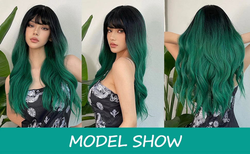 LOUIS FERRE Synthetic Black Green Ombre Long Wavy Curly Wig for Women Natural Hair With Bangs Cosplay Party Heat Resistant Wig