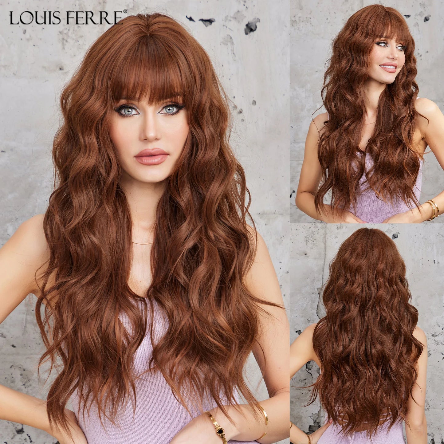 LOUIS FERRE Dark Brown Long Wavy Natural Hair Women's Synthetic Wig With Bangs Long Water Wave Daily Cosplay Hair Heat Resistant