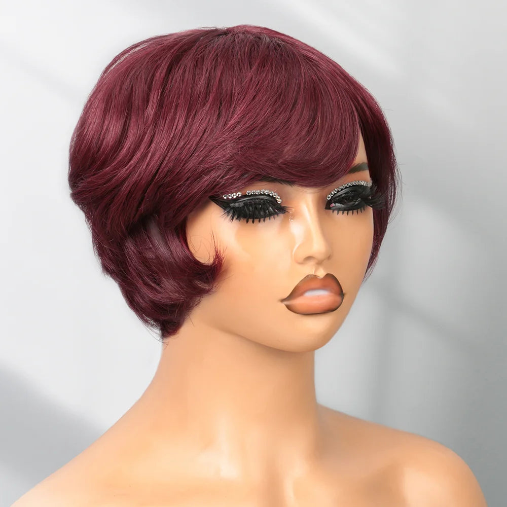 Burgundy Pixie Cut Wig Human Hair Wigs Human Hair Wig with Bangs Natural Short 99J Wig Layered Wavy Different Style Short Wigs