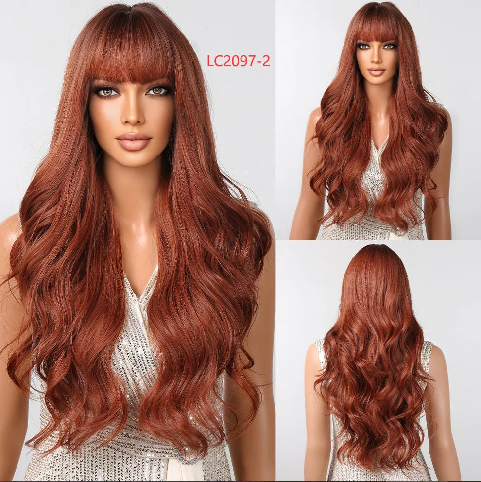 Long Wavy Gray Ash Brown Blonde Ombre Synthetic Wigs with Bangs Cosplay Natural Curly Hair Wig for Women Afro Heat Resistant