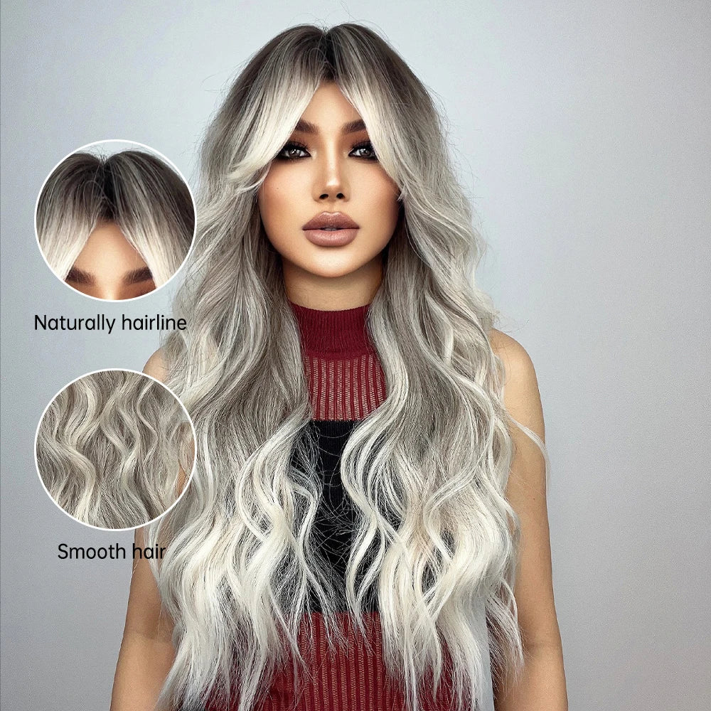 Long Wavy Gray Ash Brown Blonde Ombre Synthetic Wigs with Bangs Cosplay Natural Curly Hair Wig for Women Afro Heat Resistant
