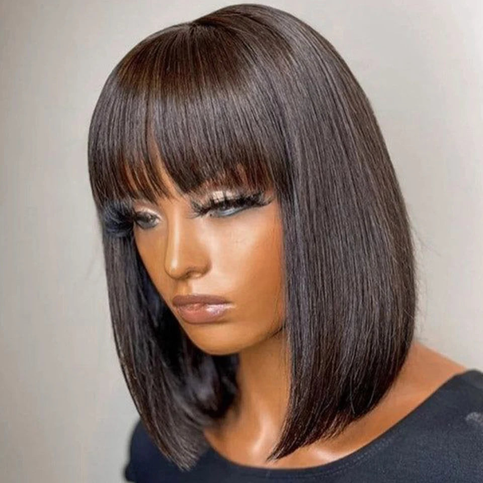 Straight Bob Human Hair Wigs With Bangs Short Brazilian Human Hair 150density For Woman No Lace Full Machine Made Human Hair Wig