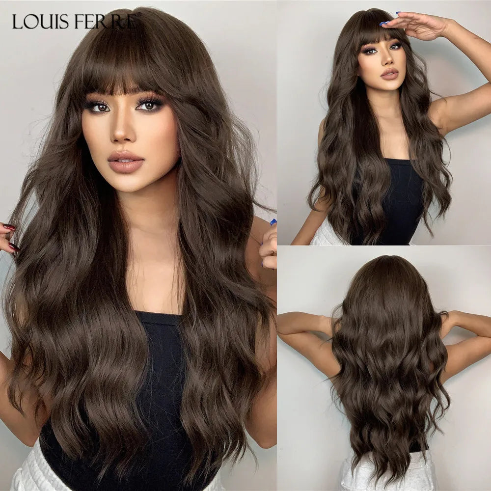 LOUIS FERRE Synthetic Black Green Ombre Long Wavy Curly Wig for Women Natural Hair With Bangs Cosplay Party Heat Resistant Wig