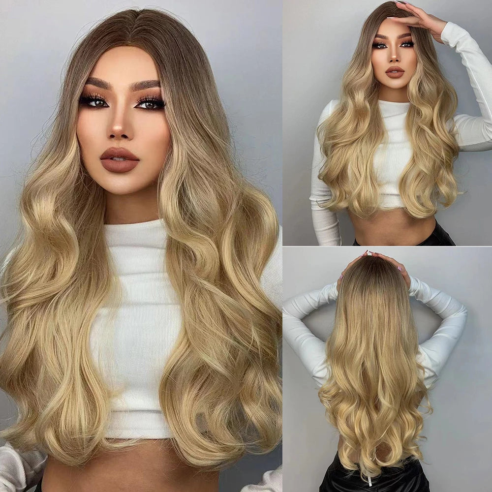HENRY MARGU Long Natural Wavy Platinum Blonde Wigs with Bangs Cosplay Party Lolita Synthetic Wigs for Women Heat Resistant Fiber