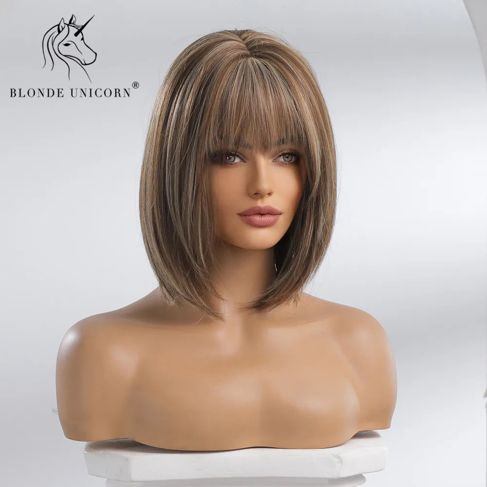 BLONDE UNICORN Synthetic Wig Natural Short Bob Wig Brown Blonde Straight Hair With Bangs Daily Use For Women Heat Resistant