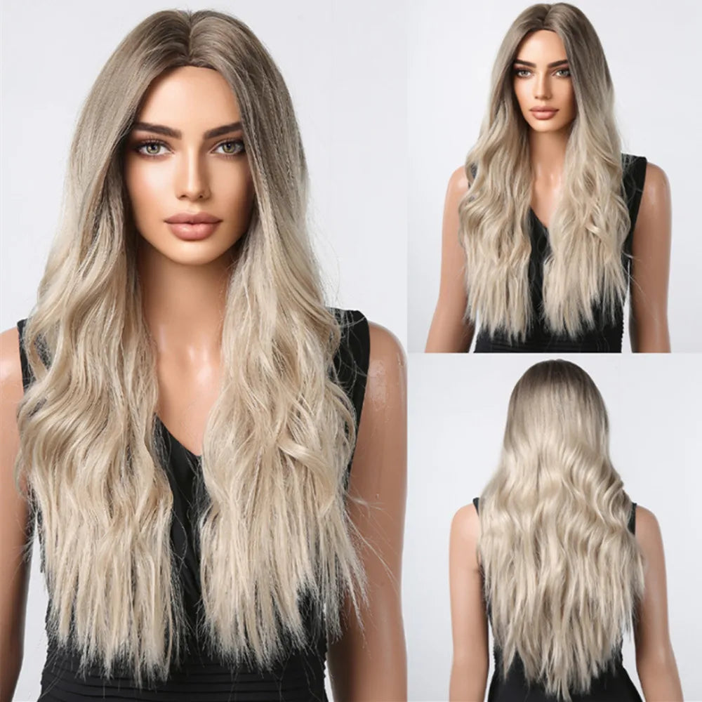 ALAN EATON Ombre Blonde Brown Wave Synthetic Wig Long Natural Looking Hair Wigs with Bangs for Women Daily Heat Resistant Fiber