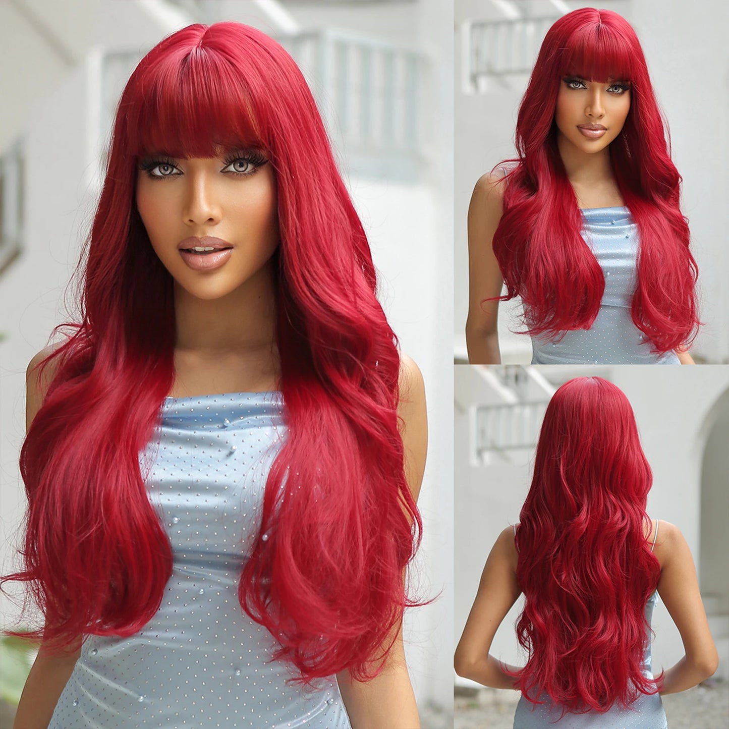 Long Wavy Gray Ash Brown Blonde Ombre Synthetic Wigs with Bangs Cosplay Natural Curly Hair Wig for Women Afro Heat Resistant