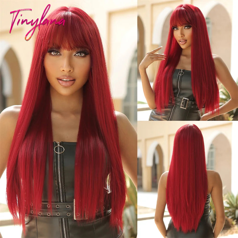 Long Straight Pink Mixed White Synthetic Wigs with Bangs Halloween Cosplay Colorful Wigs for Women Natural Hair Heat Resistant