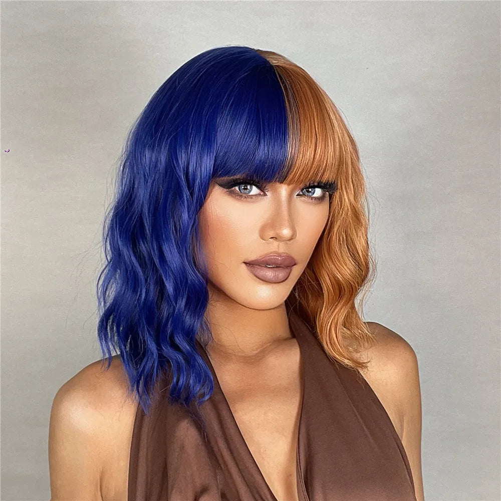 HENRY MARGU Short Half Black And Half White Wig Curly Wavy Shoulder Length Synthetic Hair Cosplay Wig with Bangs for Halloween