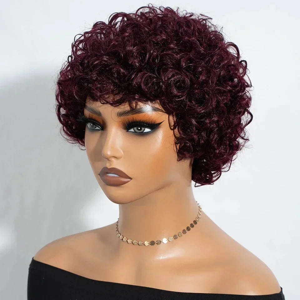 Brazilian Afro Puff Pixie Bob Wig 99J Natural Brown Full Machine Made Pre-Plucked Bangs 100% Human Hair For Black Women