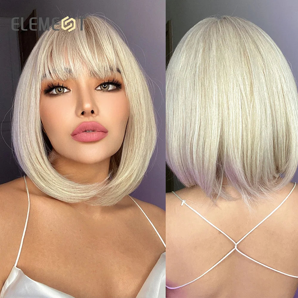 ELEMENT Synthetic Short Straight Wig Black Ombre Blonde Bob Wigs with Bangs for Women Cosplay Party Daily Hair Headband