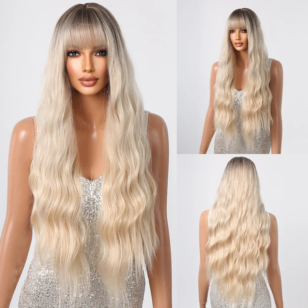 HENRY MARGU Long Natural Wavy Platinum Blonde Wigs with Bangs Cosplay Party Lolita Synthetic Wigs for Women Heat Resistant Fiber