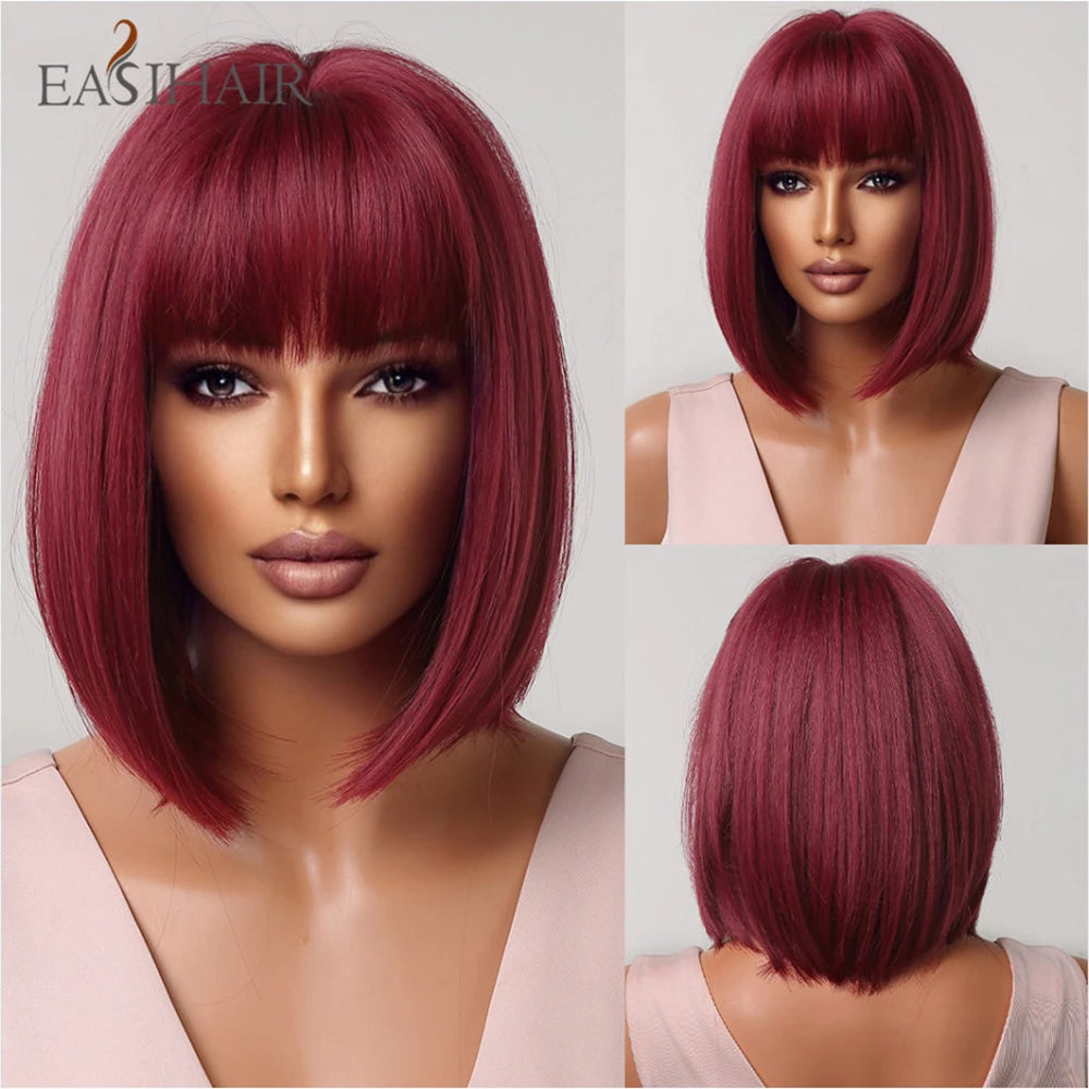 EASIHAIR Copper Ginger Synthetic Wigs with Bangs Medium Length Straight Hair Wig for Women Daily Cosplay Natural Heat Resistant