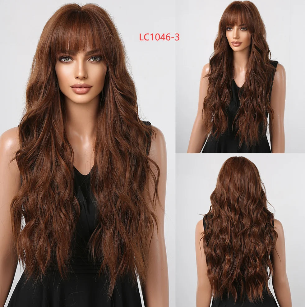 Pink Red Long Curly Wavy Synthetic Wigs Lolita Cosplay Hair With Bangs for Women Natural Water Wave Party Heat Resistant Wig