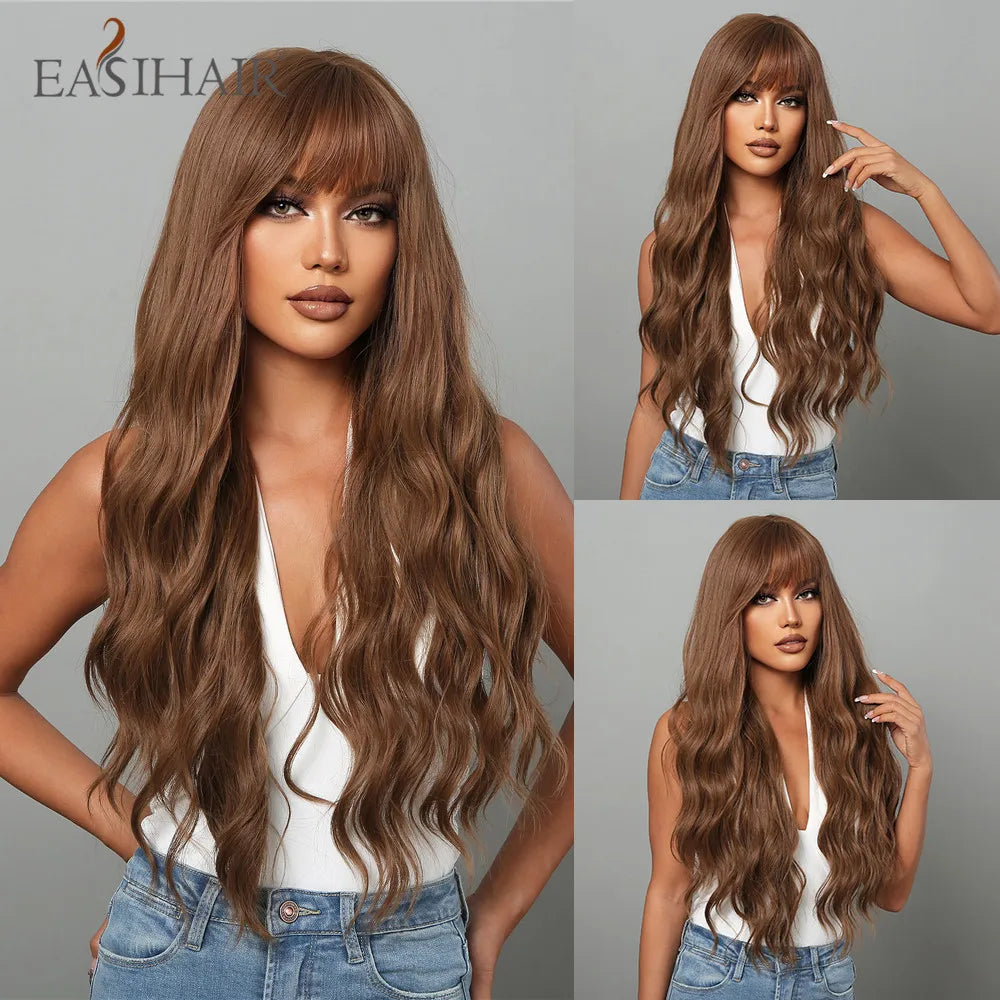 EASIHAIR Brown Black Kinky Curly Wave Synthetic Wigs with Bangs Deep Wave Long Hair Wigs for Women Daily Cosplay Heat Resistant