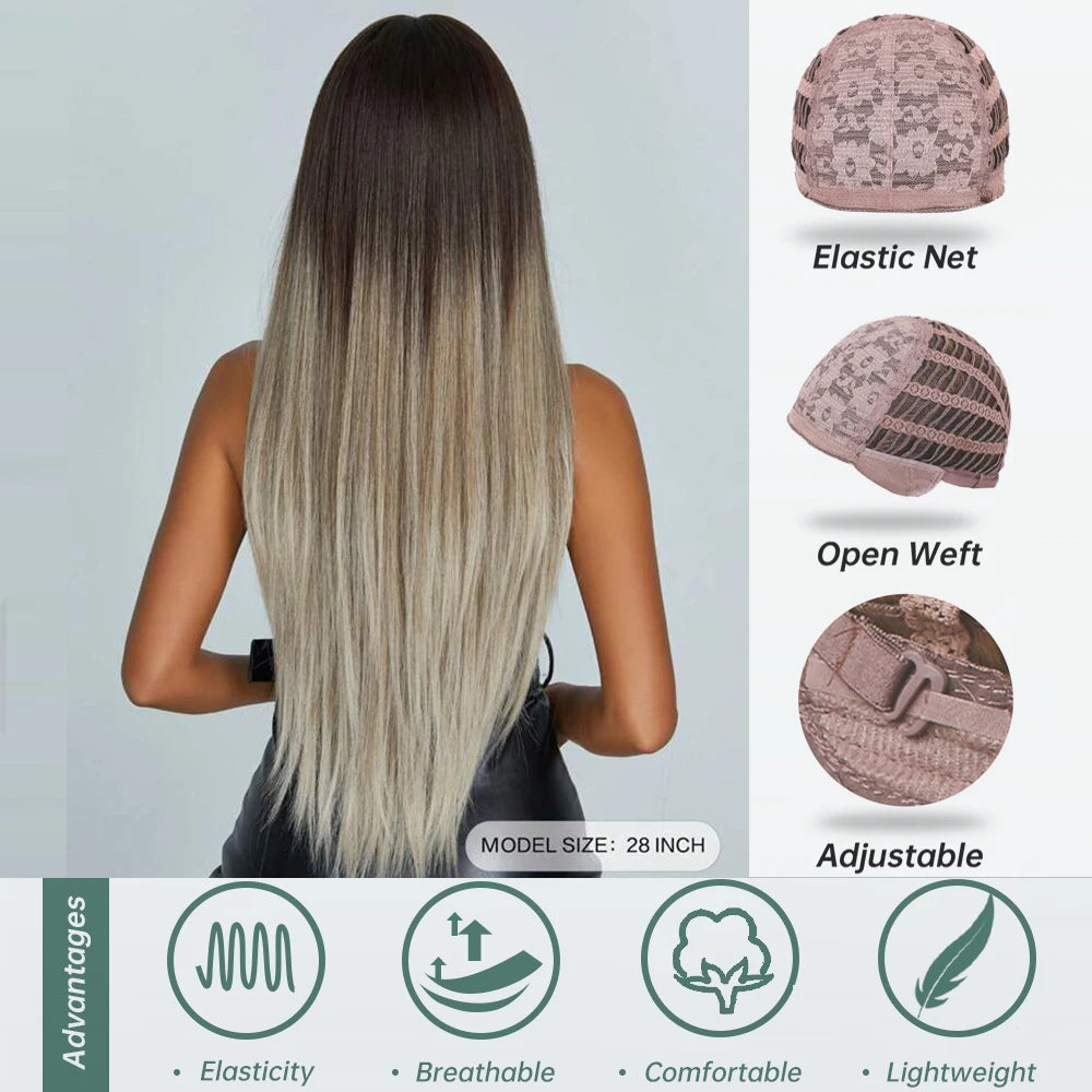 Ombre Gray Brown Synthetic Wigs Long Straight Ash Cosplay Wig with Bangs for Women Afro Natural Party Daily Heat Resistant Hair