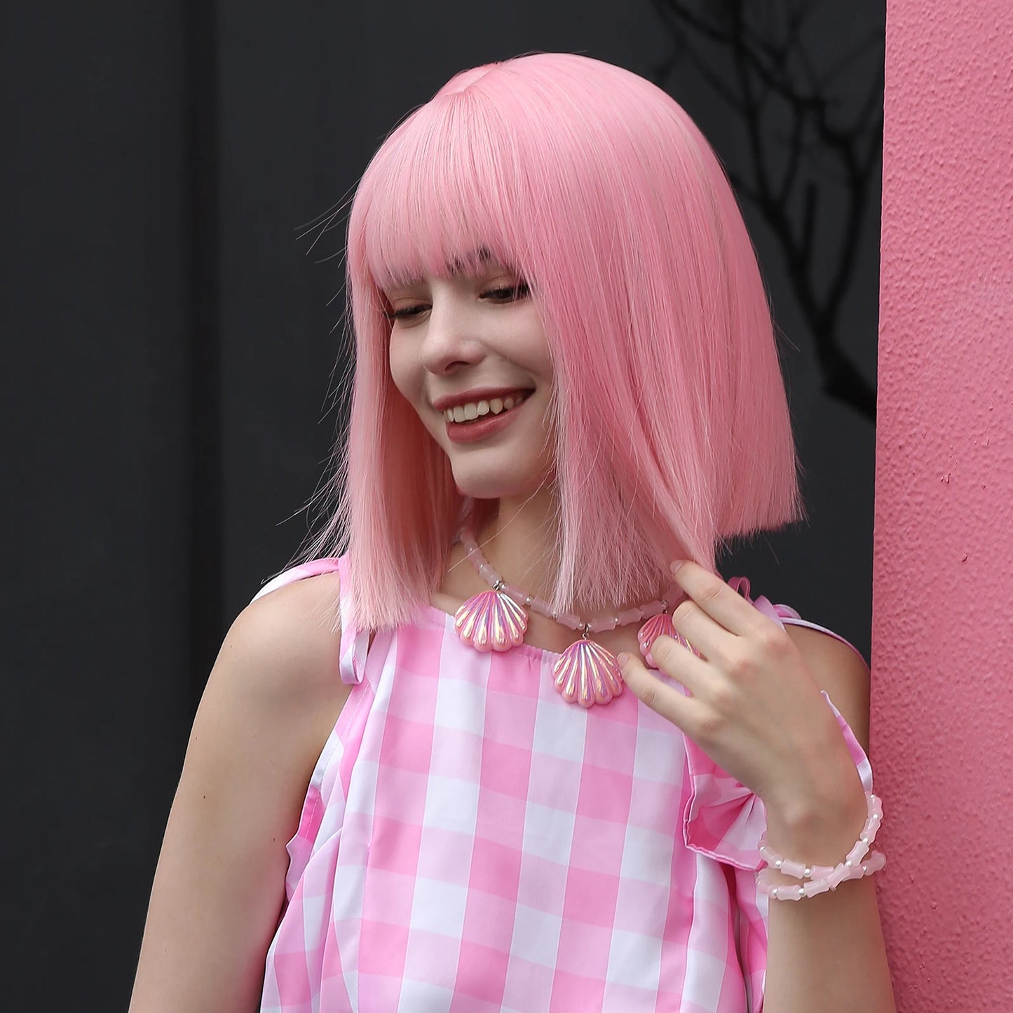 LOUIS FERRE Short Light Pink Bob Wigs With Bangs Natural Synthetic Wigs for Women Daily Cosplay Hair Heat Resistant Fibre Wig