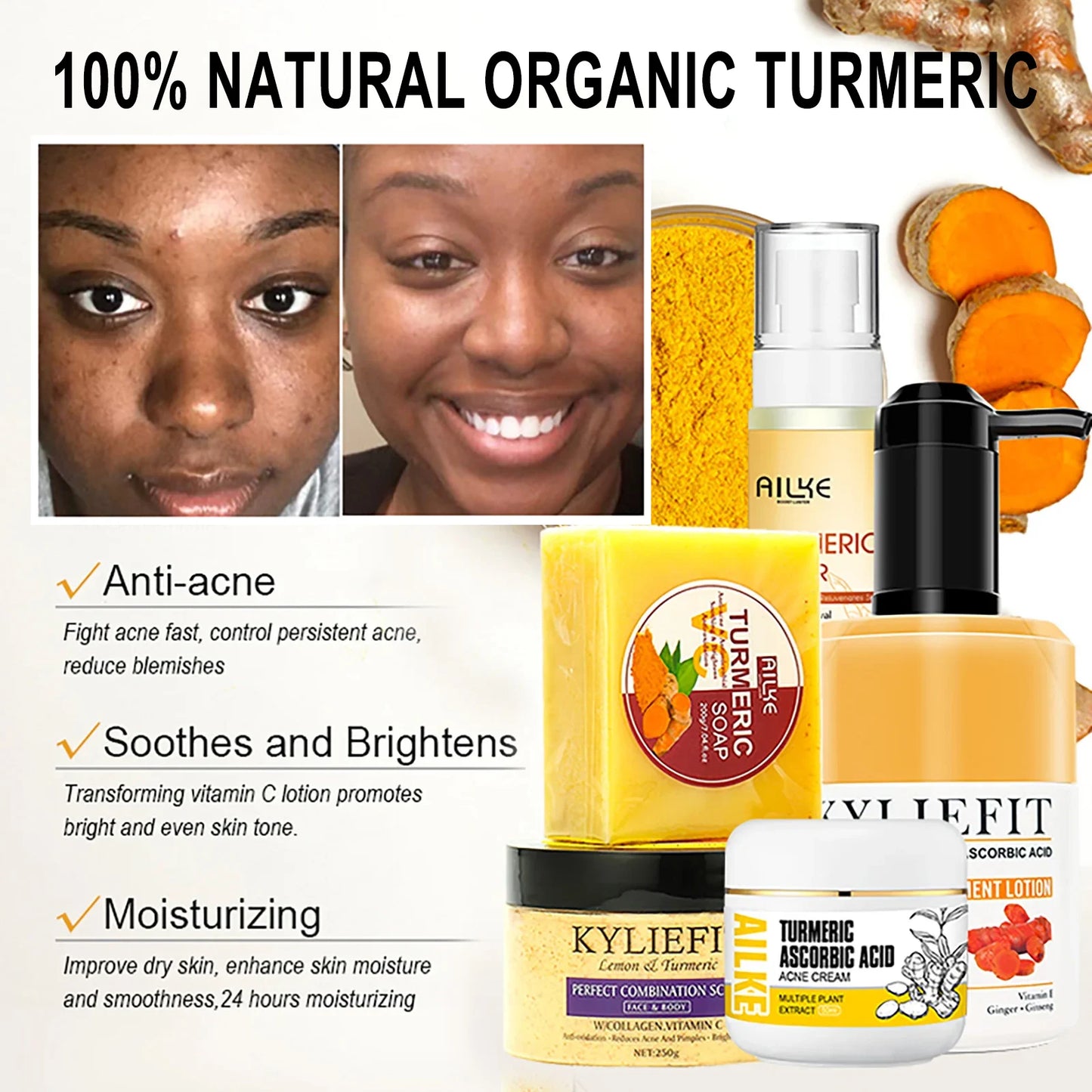 AILKE Organic Turmeric Skin Care Set, Brighten, Cleaning Skin, Reduce Acne,Pimples, Whitening, Even Skin Tone, Improve Dry Skin