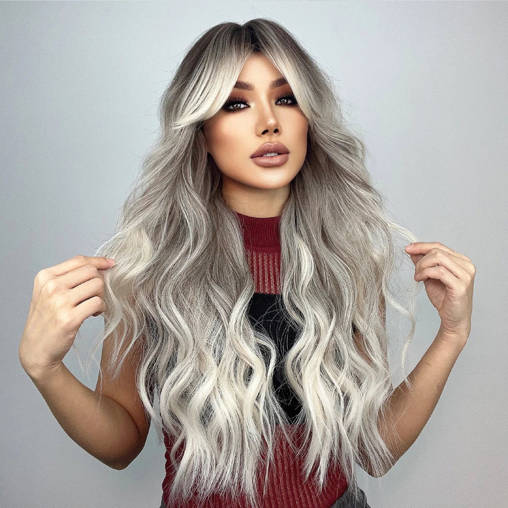 Long Wavy Gray Ash Brown Blonde Ombre Synthetic Wigs with Bangs Cosplay Natural Curly Hair Wig for Women Afro Heat Resistant