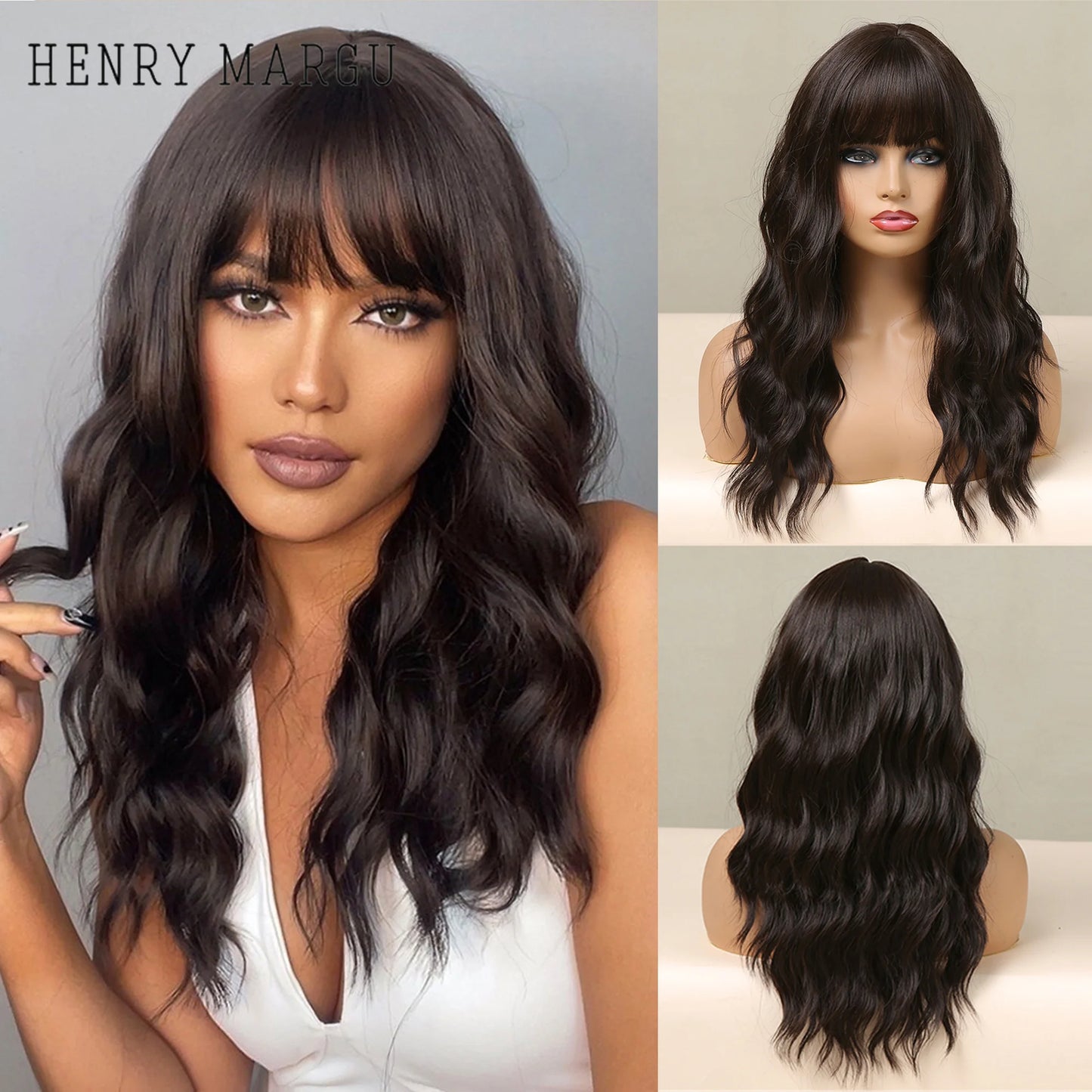 HENRY MARGU Long Wavy Brown Red Orange Wigs with Bangs Cosplay Party Heat Resistant Synthetic Hair Wigs for Black Women Afro