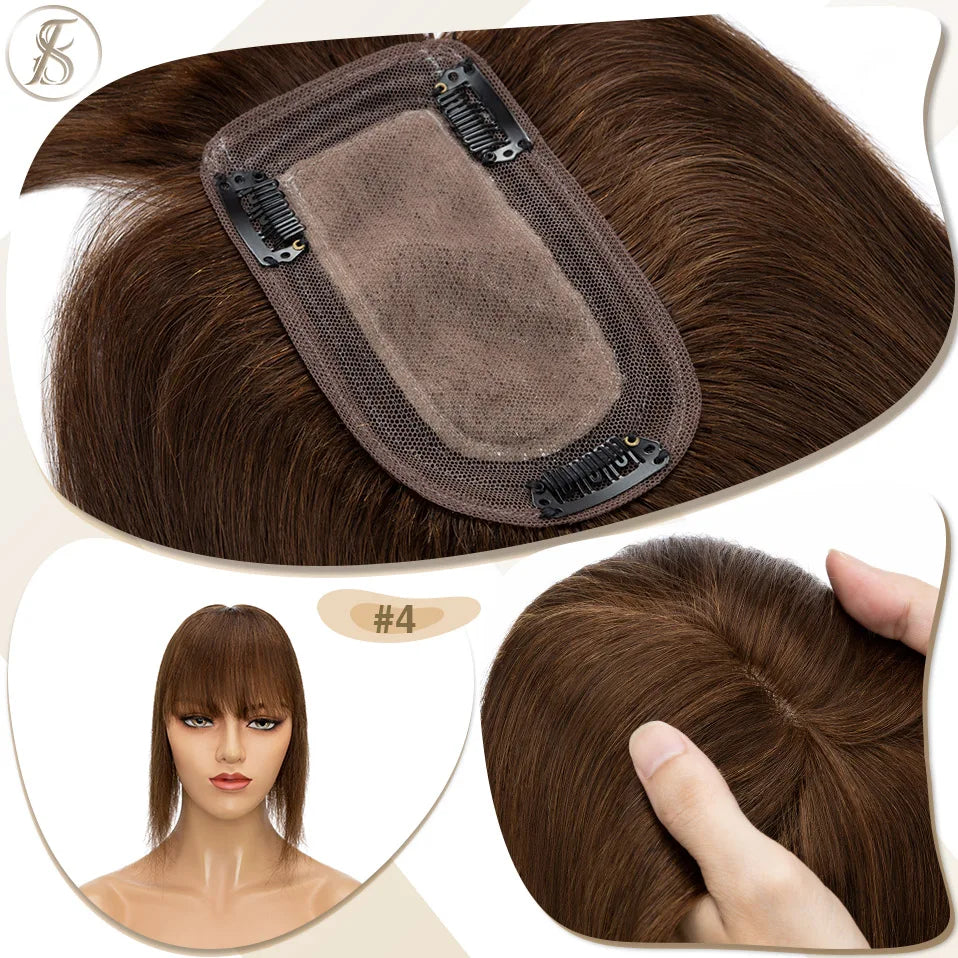 TESS Women Topper 7x12.5cm Hair Toppers With Bangs Hair Clips Natural Hair Wigs 100% Human Hair Silk Base Clip In Hair Extension