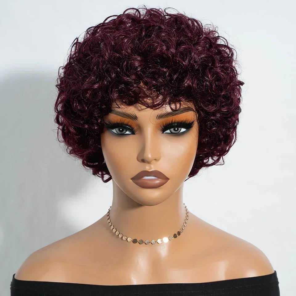Brazilian Afro Puff Pixie Bob Wig 99J Natural Brown Full Machine Made Pre-Plucked Bangs 100% Human Hair For Black Women