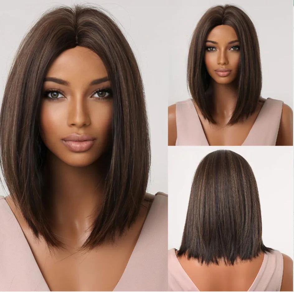 LOUIS FERRE Short Straight Synthetic Wigs for Women Brown Bob Wigs with Bangs Daily Cosplay Medium Length Heat Resistant Hair