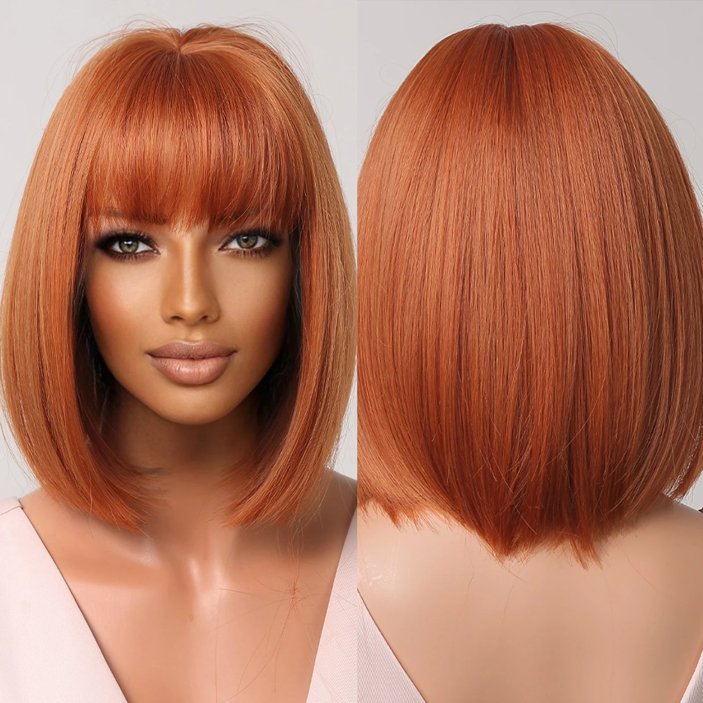 ALAN EATON Short Straight Ombre Brown Blonde Bob Wig With Bangs Synthetic Hair Wig for Women Cosplay Lolita Heat Resistant Fiber