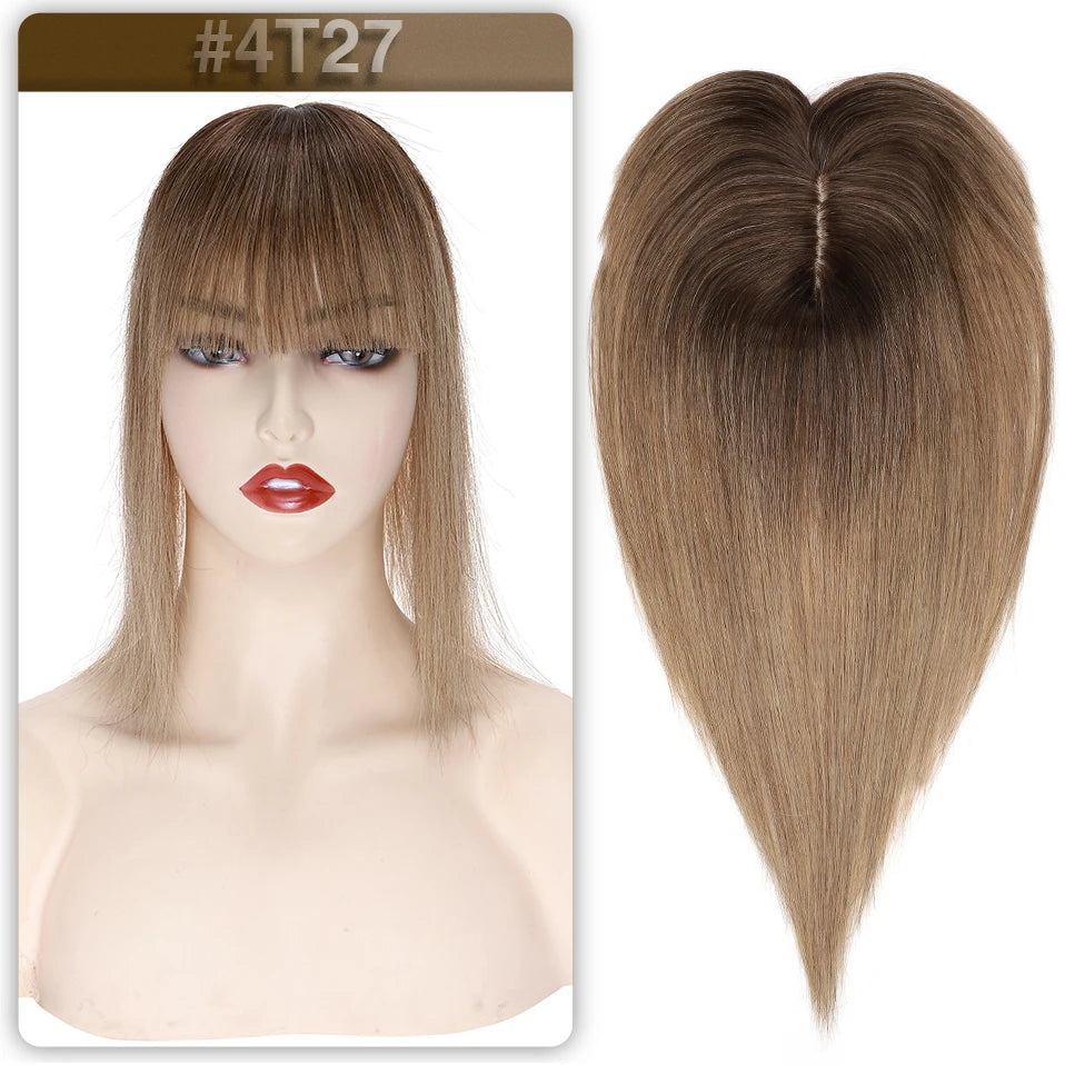 S-noilite Women Toppers Hair With Bangs Human Hair 7x13cm Silk Base Hair Cilp Wig Clip In Hair Extensions Hairpiece Natutal Hair