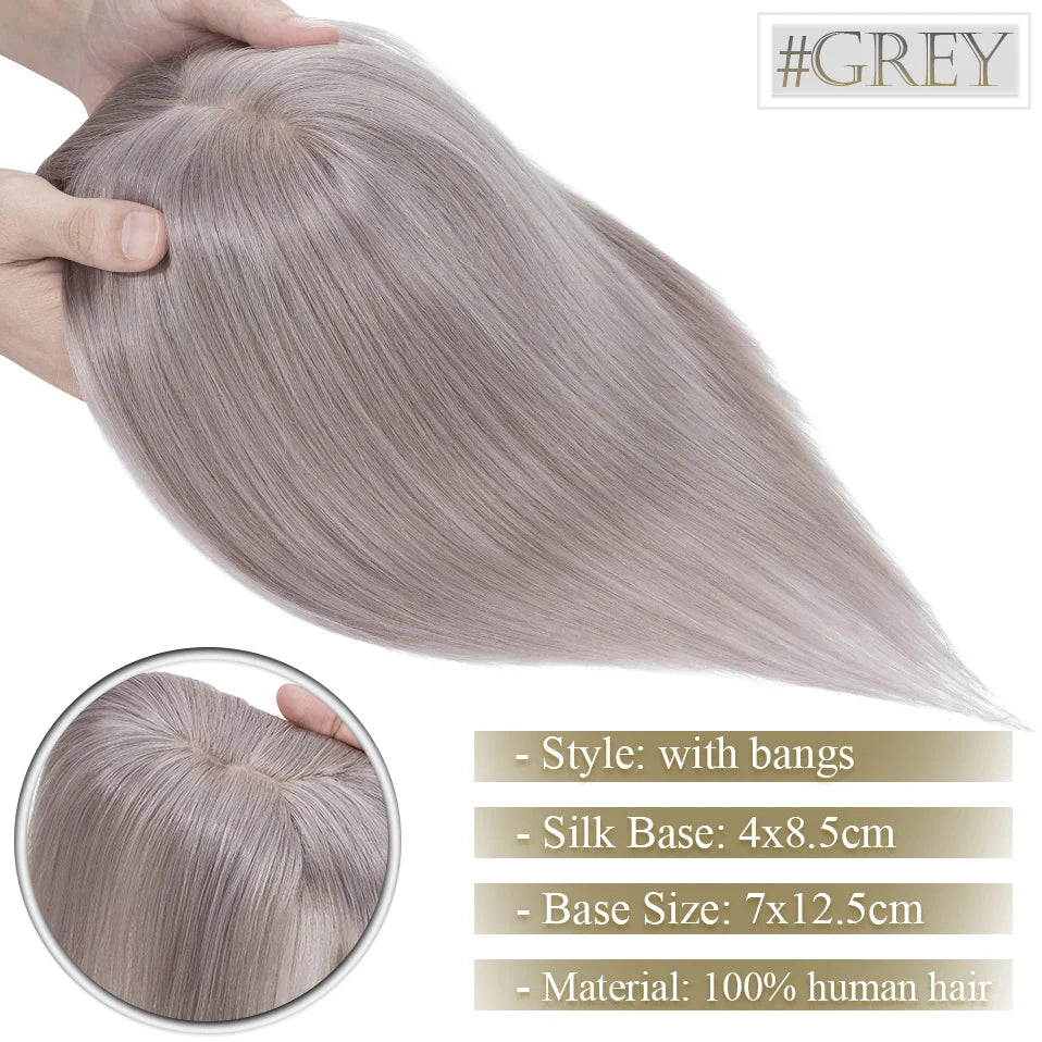 TESS Women Topper 7x12.5cm Hair Toppers With Bangs Natural Hair Wig Human Hair Silk Base Center Part Hair Clip In Hair Extension