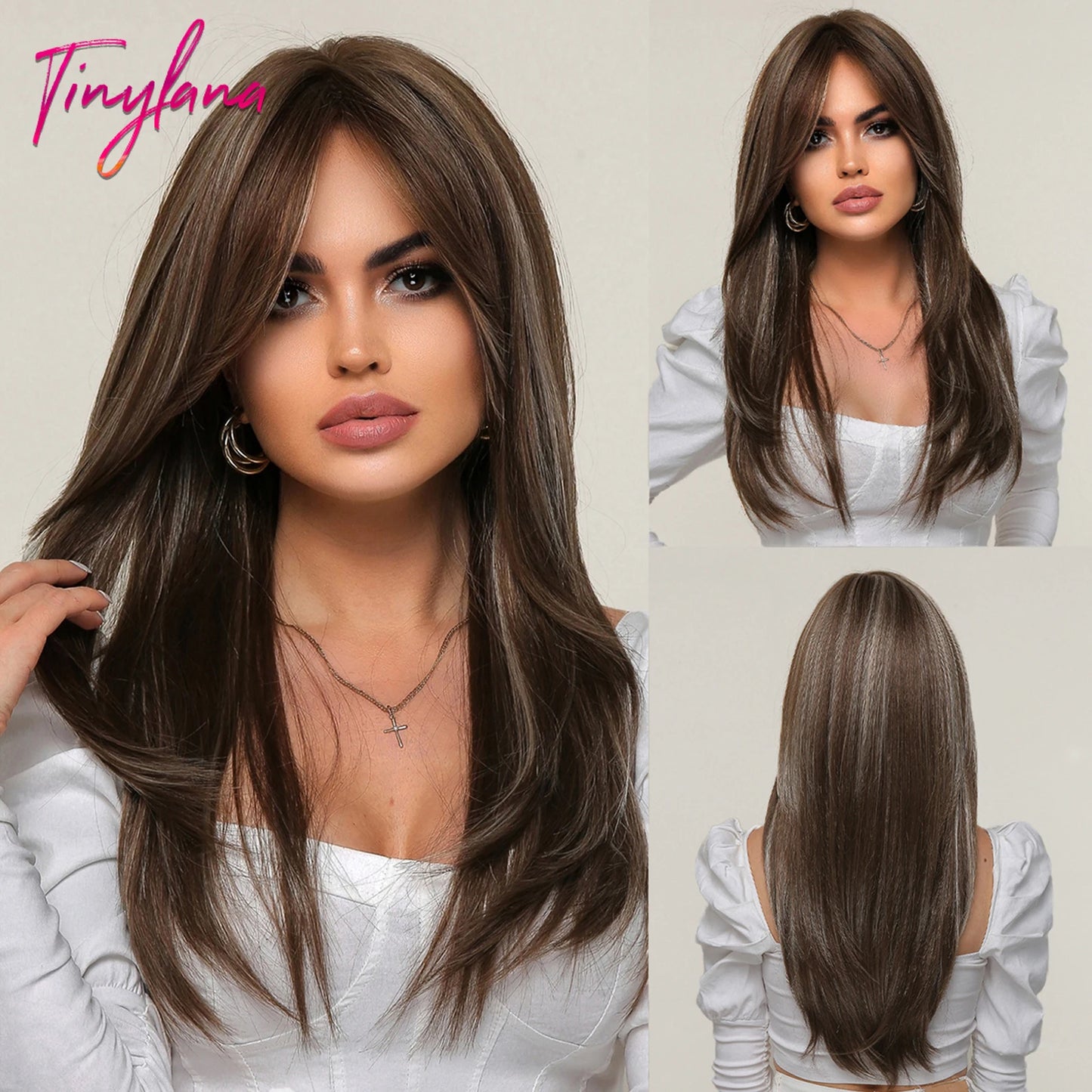 Long Straight Black Purple Synthetic Wig with Bangs Purple Ombre Cosplay Layered Wig for Women Party Heat Resistant Natural Hair