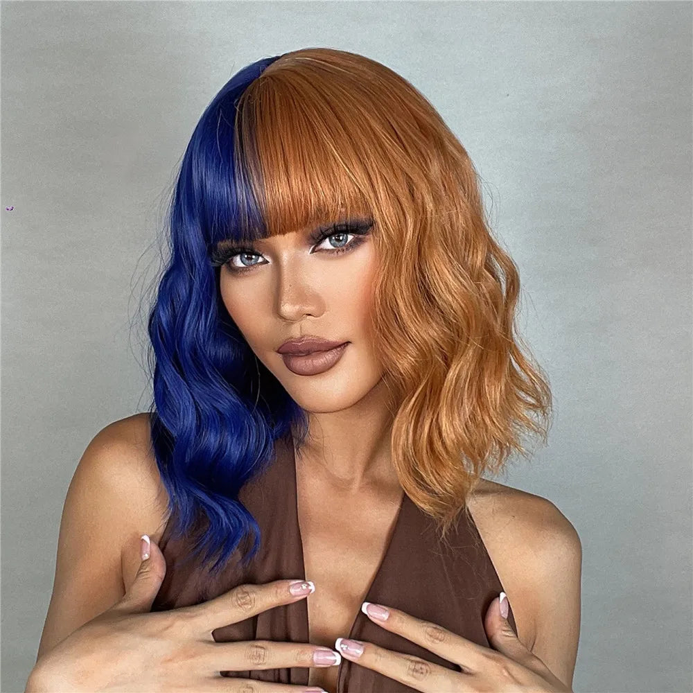 HENRY MARGU Short Half Black And Half White Wig Curly Wavy Shoulder Length Synthetic Hair Cosplay Wig with Bangs for Halloween