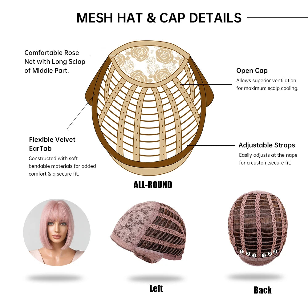 LOUIS FERRE Straight Pink Synthetic Wig for Women Short Bob Wig With Bangs Natural Hair Lolita Cosplay Heat Resistant Fashion