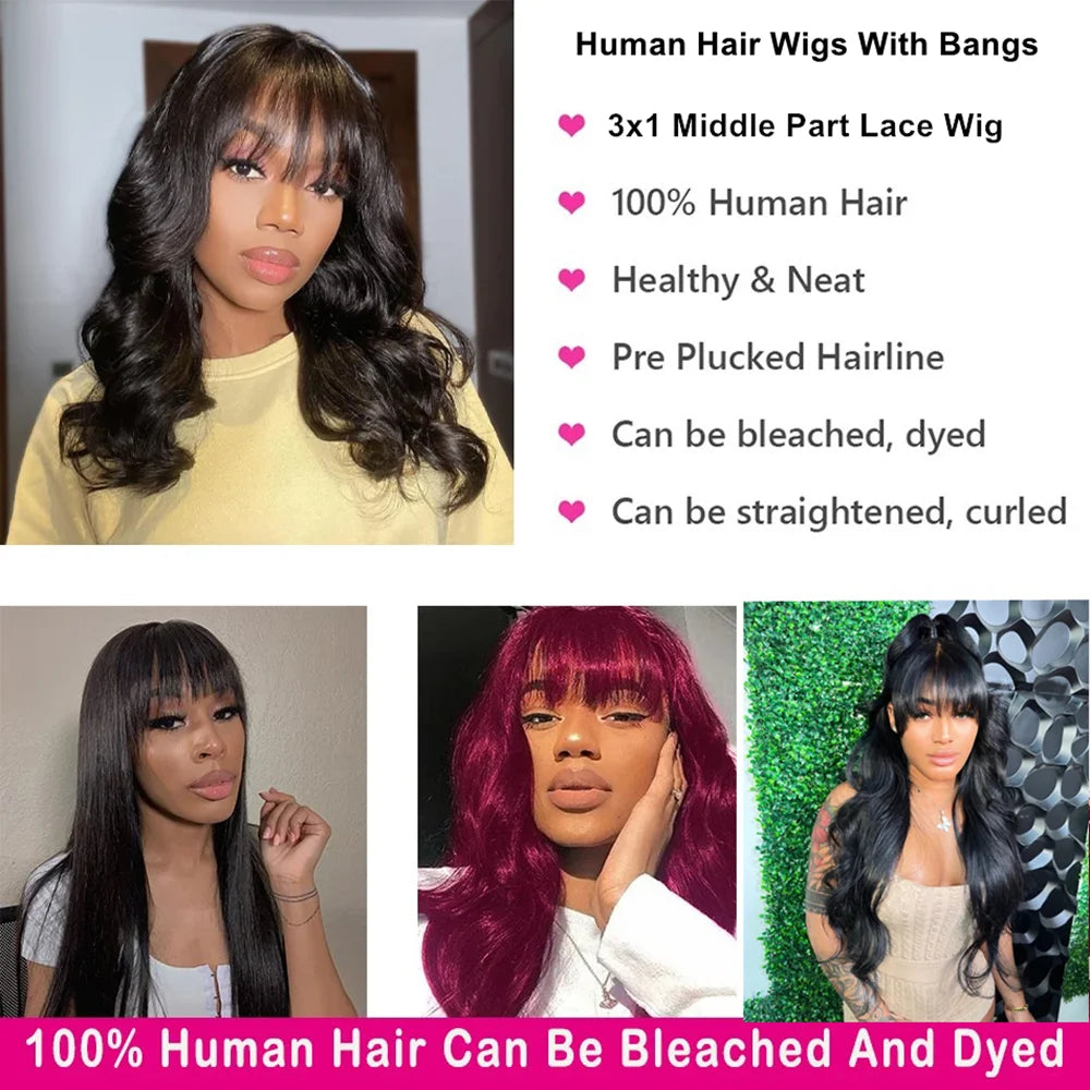 30 Inch Body Wave Human Hair Wigs With Bangs Full Machine Made Scalp Wig For Women Brazilian Remy Hair Fringe Bangs Wig 30 Inch