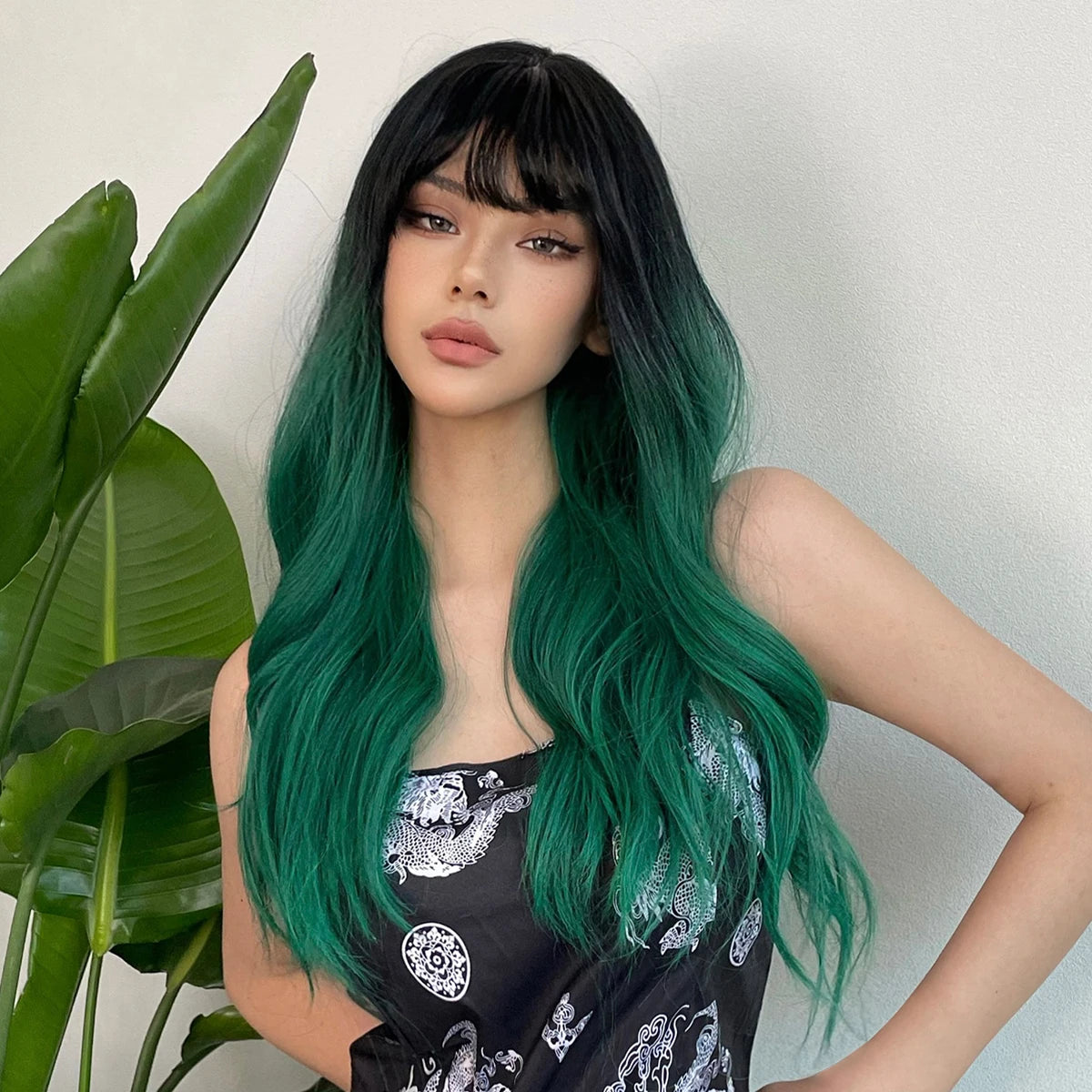 LOUIS FERRE Synthetic Black Green Ombre Long Wavy Curly Wig for Women Natural Hair With Bangs Cosplay Party Heat Resistant Wig