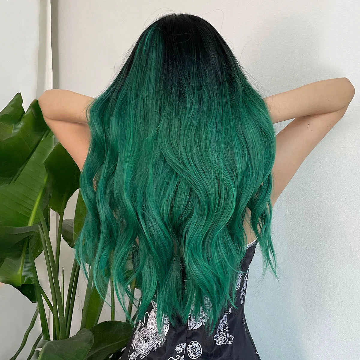 LOUIS FERRE Synthetic Black Green Ombre Long Wavy Curly Wig for Women Natural Hair With Bangs Cosplay Party Heat Resistant Wig