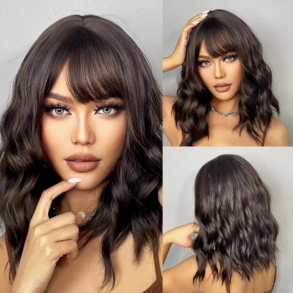 HENRY MARGU Short Half Black And Half White Wig Curly Wavy Shoulder Length Synthetic Hair Cosplay Wig with Bangs for Halloween