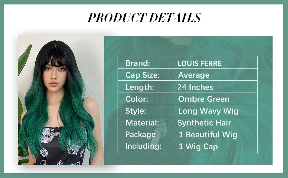 LOUIS FERRE Synthetic Black Green Ombre Long Wavy Curly Wig for Women Natural Hair With Bangs Cosplay Party Heat Resistant Wig