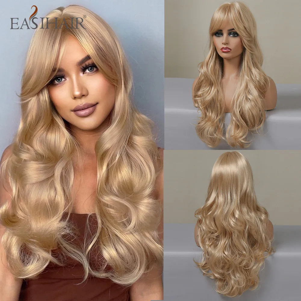 EASIHAIR Sandy Blonde Golden Wavy Synthetic Wigs with Long Bangs Cosplay Lolita Party Hair Wigs for Women Natural Heat Resistant